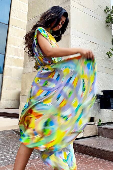 Shop_Forty Four_Multi Color Satin, Silk Round Neck Abstract Print Boxy Dress_at_Aza_Fashions