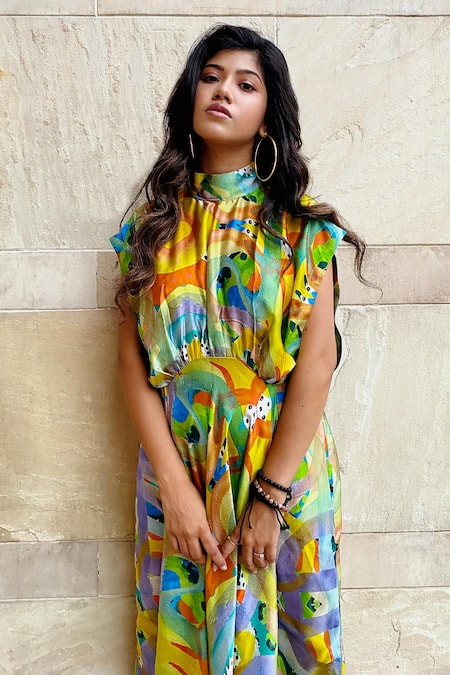 Forty Four_Multi Color Satin, Silk Round Neck Abstract Print Boxy Dress_Online_at_Aza_Fashions