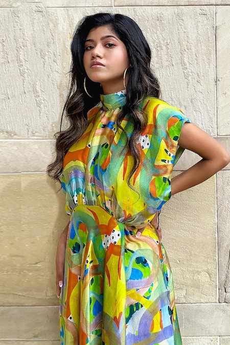 Buy_Forty Four_Multi Color Satin, Silk Round Neck Abstract Print Boxy Dress_Online_at_Aza_Fashions