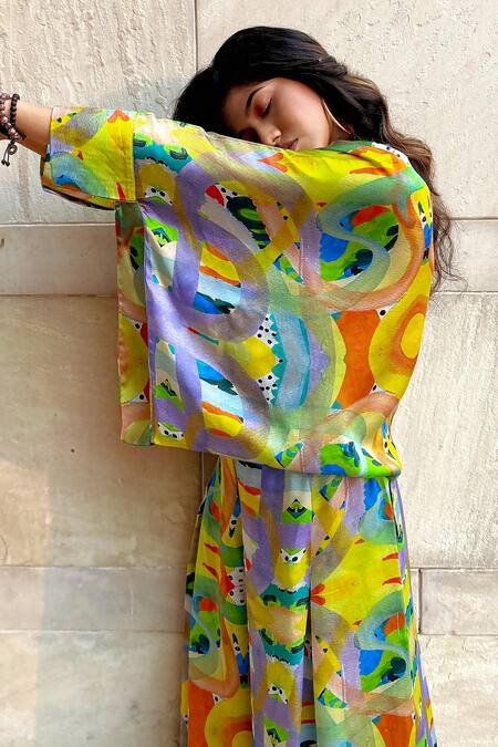 Shop Forty Four Multi Color Satin, Silk Round Neck Abstract Print Top And Boxy Pleated Pant Set at Aza Fashions Shop_Forty Four_Multi Color Satin, Silk Round Neck Abstract Print Top And Boxy Pleated Pant Set_at_Aza_Fashions