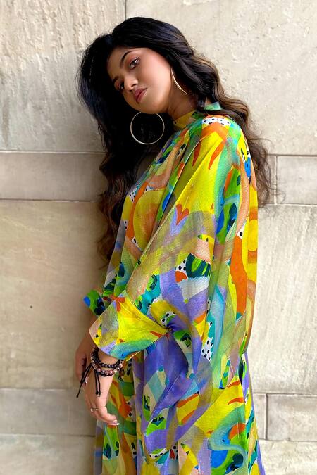 Forty Four Multi Color Satin, Silk Round Neck Abstract Print Top And Boxy Pleated Pant Set Online at Aza Fashions Forty Four_Multi Color Satin, Silk Round Neck Abstract Print Top And Boxy Pleated Pant Set_Online_at_Aza_Fashions
