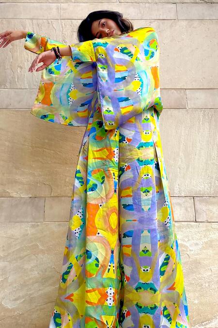 Buy Forty Four Multi Color Satin, Silk Round Neck Abstract Print Top And Boxy Pleated Pant Set Online at Aza Fashions Buy_Forty Four_Multi Color Satin, Silk Round Neck Abstract Print Top And Boxy Pleated Pant Set_Online_at_Aza_Fashions