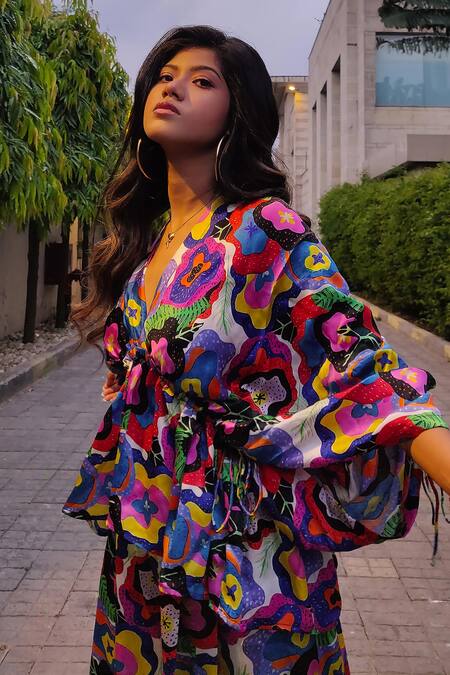 Shop Forty Four Multi Color Satin, Silk Plunge Abstract Floral Print Top And Box Pleated Pant Set at Aza Fashions Shop_Forty Four_Multi Color Satin, Silk Plunge Abstract Floral Print Top And Box Pleated Pant Set_at_Aza_Fashions