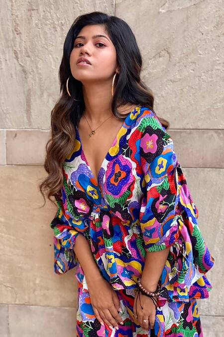 Forty Four Multi Color Satin, Silk Plunge Abstract Floral Print Top And Box Pleated Pant Set Online at Aza Fashions Forty Four_Multi Color Satin, Silk Plunge Abstract Floral Print Top And Box Pleated Pant Set_Online_at_Aza_Fashions