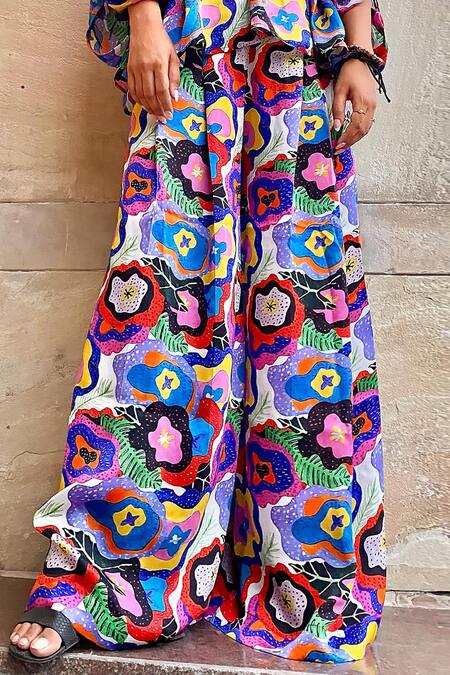 Shop Forty Four Multi Color Satin, Silk Plunge Abstract Floral Print Top And Box Pleated Pant Set Online at Aza Fashions Shop_Forty Four_Multi Color Satin, Silk Plunge Abstract Floral Print Top And Box Pleated Pant Set_Online_at_Aza_Fashions