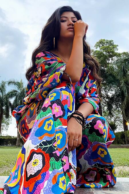 Forty Four Multi Color Satin, Silk Plunge Abstract Floral Print Top And Box Pleated Pant Set at Aza Fashions Forty Four_Multi Color Satin, Silk Plunge Abstract Floral Print Top And Box Pleated Pant Set_at_Aza_Fashions