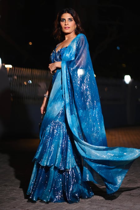 Shop_Nirmooha_Blue Lurex, Silk, Nylon Sequins, Cut Pre-draped Ruffle Hem Saree With Blouse 