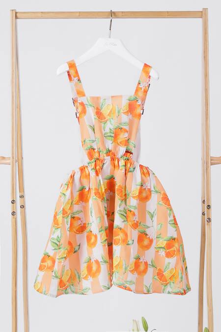 Rang by Lespetits Multi Color Linen Printed Striped And Orange Fruit Dungaree 