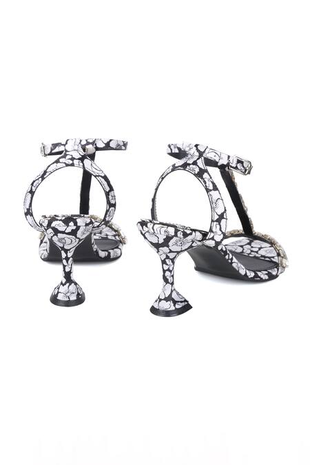 Buy_PREET KAUR_Black Crystals Poppy Print Embroidered Spool Heels _Online_at_Aza_Fashions