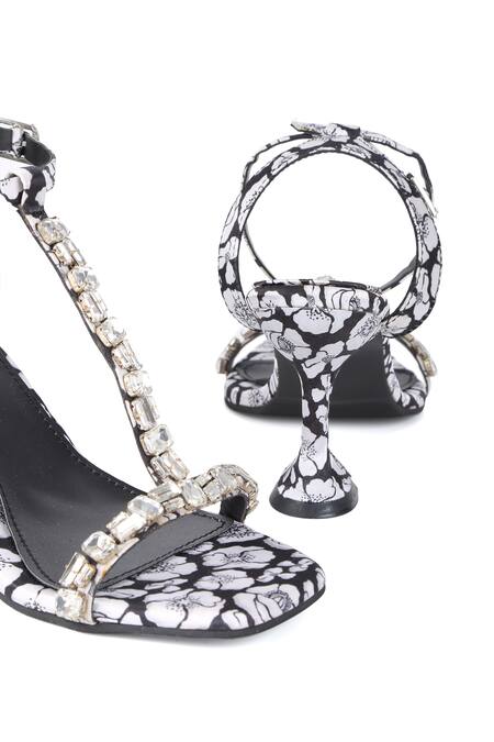 Shop_PREET KAUR_Black Crystals Poppy Print Embroidered Spool Heels _Online_at_Aza_Fashions