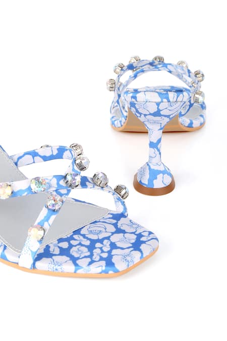 Preet Kaur_Blue Crystals Poppy Print Spool Heels _Online_at_Aza_Fashions