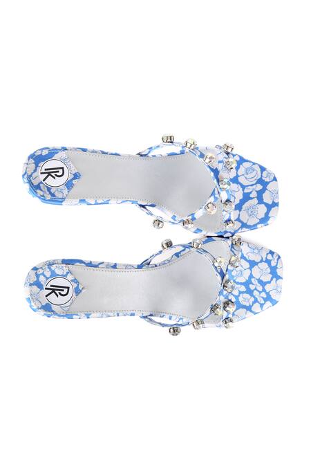 Buy_Preet Kaur_Blue Crystals Poppy Print Spool Heels _Online_at_Aza_Fashions
