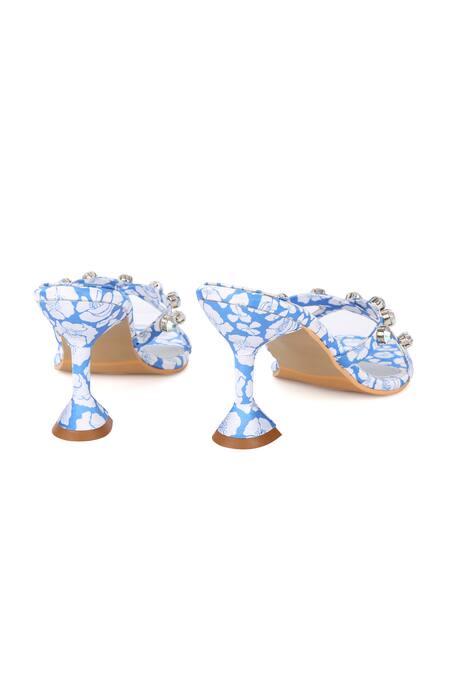Shop_Preet Kaur_Blue Crystals Poppy Print Spool Heels _Online_at_Aza_Fashions