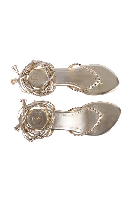 Buy_Preet Kaur_Gold Metallic Thread Studs Embellished Tie-up Heels_Online_at_Aza_Fashions