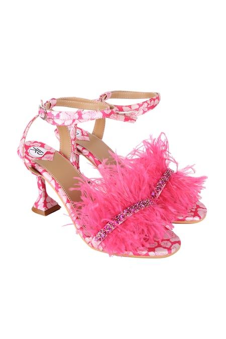 Shop Preet Kaur Pink Feathers, Crystals Poppy Print Embellished Heels at Aza Fashions Shop_Preet Kaur_Pink Feathers, Crystals Poppy Print Embellished Heels _at_Aza_Fashions