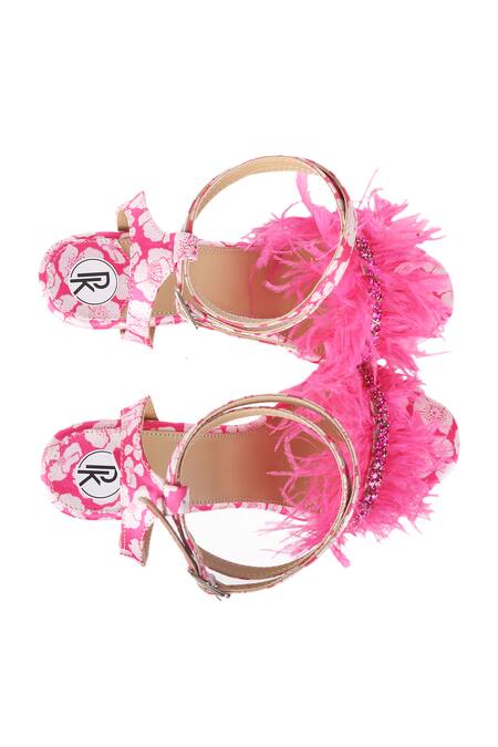 Shop Preet Kaur Pink Feathers, Crystals Poppy Print Embellished Heels Online at Aza Fashions Shop_Preet Kaur_Pink Feathers, Crystals Poppy Print Embellished Heels _Online_at_Aza_Fashions