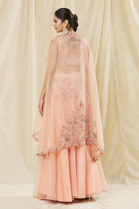 Shop Vasavi Shah Pink Silk, Organza Sequins, Embroidery Round Neck Cape And Skirt Set at Aza Fashions Shop_Vasavi Shah_Pink Silk, Organza Sequins, Embroidery Round Neck Cape And Skirt Set _at_Aza_Fashions
