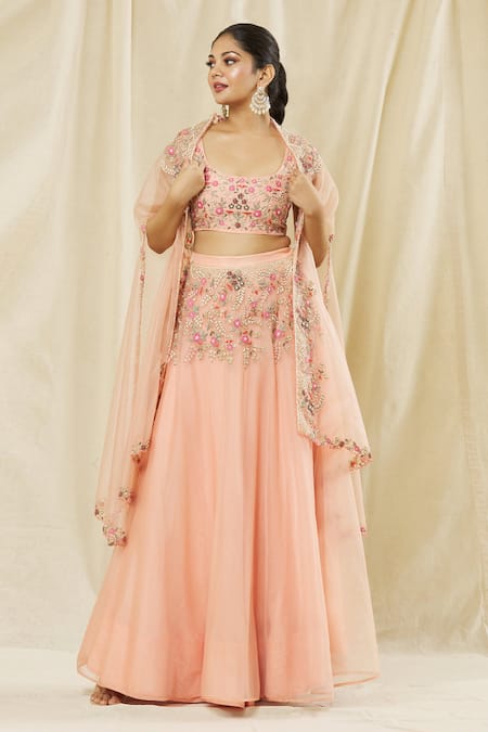 Vasavi Shah Pink Silk, Organza Sequins, Embroidery Round Neck Cape And Skirt Set at Aza Fashions Vasavi Shah_Pink Silk, Organza Sequins, Embroidery Round Neck Cape And Skirt Set _at_Aza_Fashions