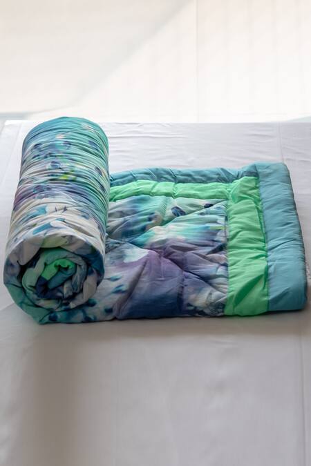 Shop_Cocobee_Blue Silk Printed Floral Quilt _at_Aza_Fashions