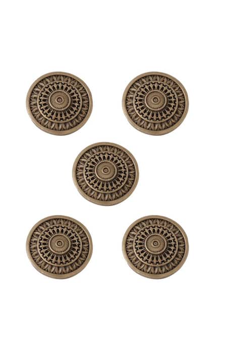 Cosa Nostraa Gold Circular Charm Carved Buttons - Set Of 5 Online at Aza Fashions Cosa Nostraa_Gold Circular Charm Carved Buttons - Set Of 5 _Online_at_Aza_Fashions