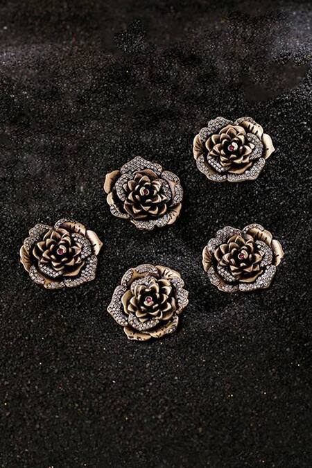 Shop_Cosa Nostraa_Gold Embroidery Regal Rose Carved Buttons - Set Of 7 _Online_at_Aza_Fashions