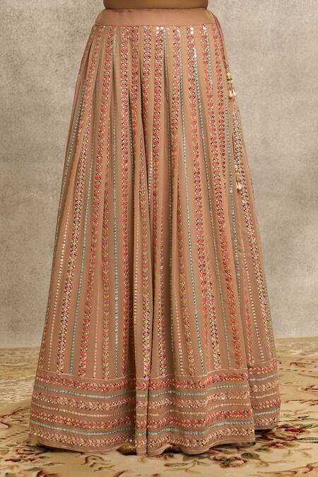 Shop_Aariyana Couture_Brown Silk, Viscose, Net Mirrors, Sequins Stripe Embroidered Lehenga Set_Online_at_Aza_Fashions