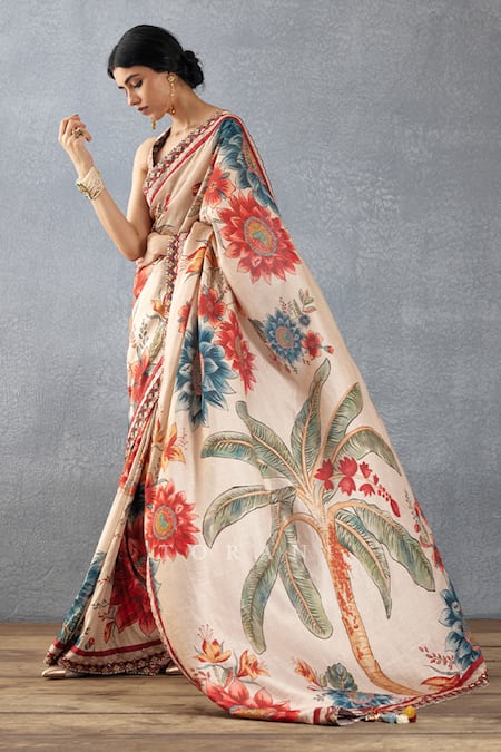 Buy_Torani_Beige , Handloom Tassels, Badami Falak Printed Saree With Blouse _Online_at_Aza_Fashions