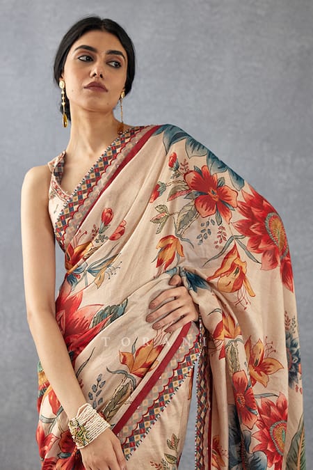 Torani_Beige , Handloom Tassels, Badami Falak Printed Saree With Blouse _at_Aza_Fashions