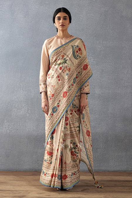 Torani_Beige Cotton, Silk Beads Scoop Neck Badami Mulmul Printed Saree With Blouse_Online_at_Aza_Fashions