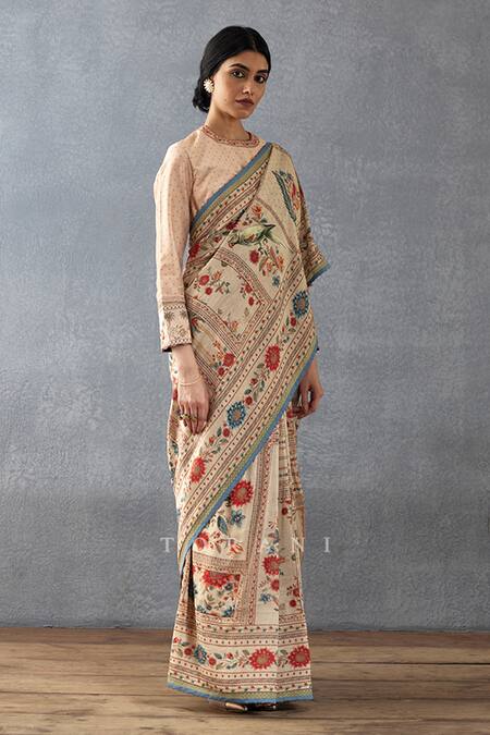 Buy_Torani_Beige Cotton, Silk Beads Scoop Neck Badami Mulmul Printed Saree With Blouse_Online_at_Aza_Fashions