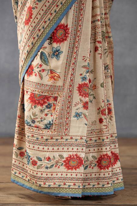 Shop_Torani_Beige Cotton, Silk Beads Scoop Neck Badami Mulmul Printed Saree With Blouse_Online_at_Aza_Fashions