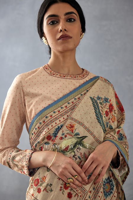 Buy_Torani_Beige Cotton, Silk Beads Scoop Neck Badami Mulmul Printed Saree With Blouse