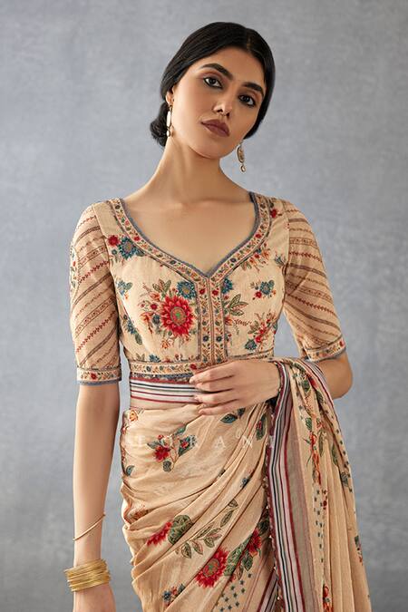 Torani_Beige Cotton, Silk, Chanderi Beads Badami Parnika Printed Saree With Blouse_at_Aza_Fashions