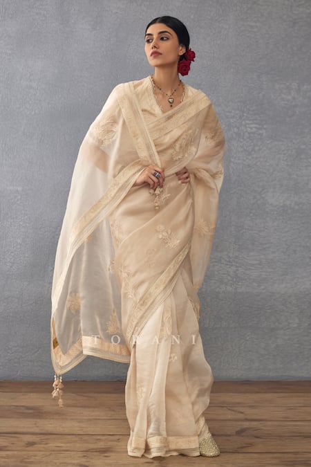 Buy_Torani_Beige Cotton, Silk Organza, Handloom Mradu Pakhi Saree With Dori Work Blouse_Online_at_Aza_Fashions