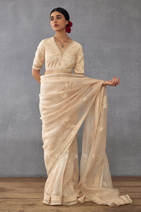 Torani_Beige Cotton, Silk Organza, Handloom Mradu Pakhi Saree With Dori Work Blouse_at_Aza_Fashions