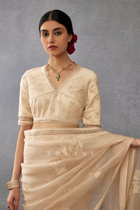 Buy_Torani_Beige Cotton, Silk Organza, Handloom Mradu Pakhi Saree With Dori Work Blouse