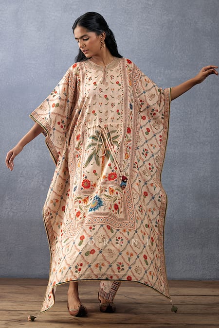 Torani Beige Handloom , Tassels Round Neck Badami Amreek Printed Kaftan Online at Aza Fashions Torani_Beige Handloom , Tassels Round Neck Badami Amreek Printed Kaftan _Online_at_Aza_Fashions