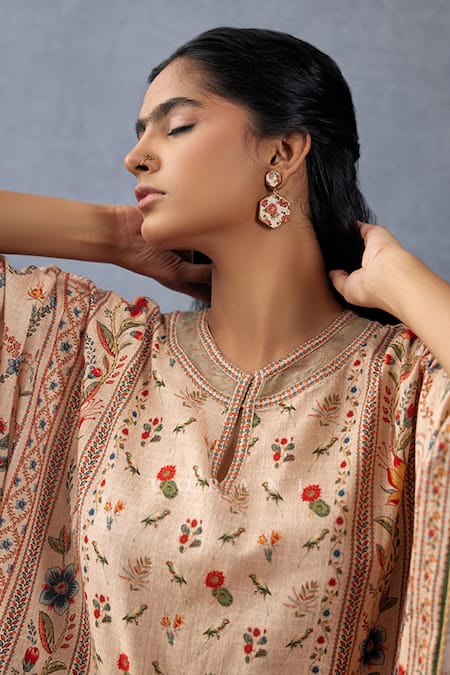Shop Torani Beige Handloom , Tassels Round Neck Badami Amreek Printed Kaftan Online at Aza Fashions Shop_Torani_Beige Handloom , Tassels Round Neck Badami Amreek Printed Kaftan _Online_at_Aza_Fashions