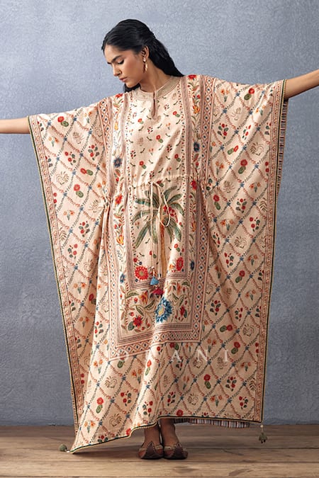Torani Beige Handloom , Tassels Round Neck Badami Amreek Printed Kaftan at Aza Fashions Torani_Beige Handloom , Tassels Round Neck Badami Amreek Printed Kaftan _at_Aza_Fashions