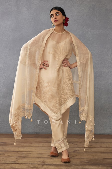 Torani Beige Silk Organza Hand Mradu Sharbati Work Kaftan Pant Set  