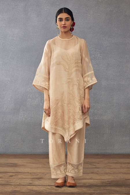 Torani_Beige Silk Organza, Handloom Cotton, Mradu Sharbati Dori Work Kaftan Pant Set_Online_at_Aza_Fashions