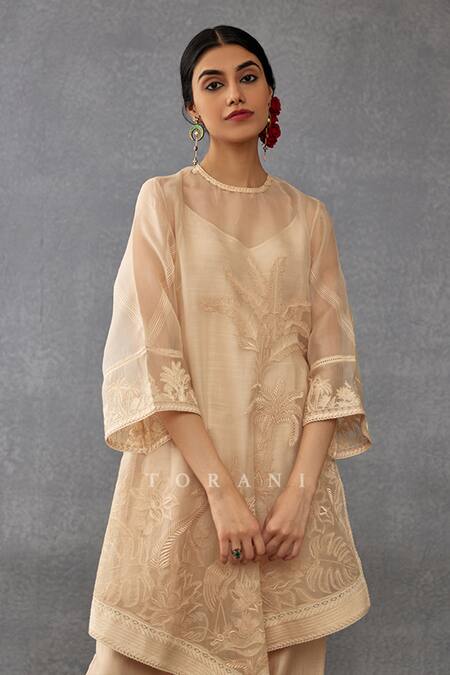 Buy_Torani_Beige Silk Organza, Handloom Cotton, Mradu Sharbati Dori Work Kaftan Pant Set_Online_at_Aza_Fashions