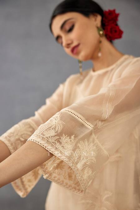 Torani_Beige Silk Organza, Handloom Cotton, Mradu Sharbati Dori Work Kaftan Pant Set_at_Aza_Fashions