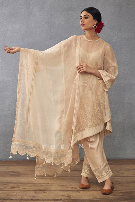 Buy_Torani_Beige Silk Organza, Handloom Cotton, Mradu Sharbati Dori Work Kaftan Pant Set