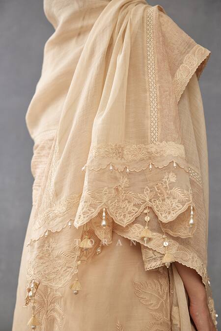 Shop_Torani_Beige Silk Organza, Handloom Cotton, Mradu Sharbati Dori Work Kaftan Pant Set
