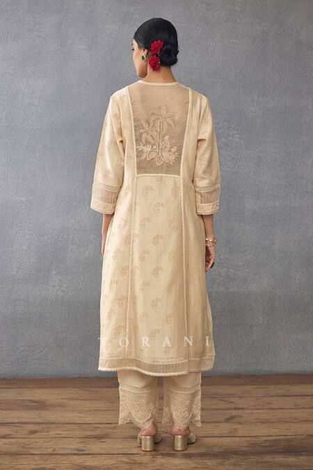 Shop_Torani_Beige , Silk Organza, Handloom Lace, Mradu Idaya Kurta Pant Set _at_Aza_Fashions