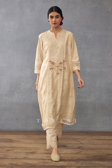 Torani_Beige , Silk Organza, Handloom Lace, Mradu Idaya Kurta Pant Set _Online_at_Aza_Fashions