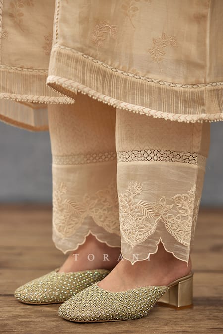Shop_Torani_Beige , Silk Organza, Handloom Lace, Mradu Idaya Kurta Pant Set _Online_at_Aza_Fashions