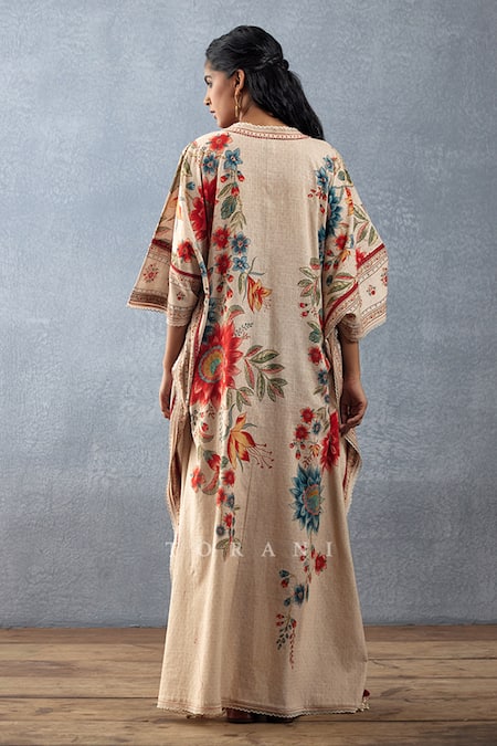 Shop Torani Beige Cotton, Silk Tassels Scoop Neck Badami Viras Printed Kaftan at Aza Fashions Shop_Torani_Beige Cotton, Silk Tassels Scoop Neck Badami Viras Printed Kaftan _at_Aza_Fashions