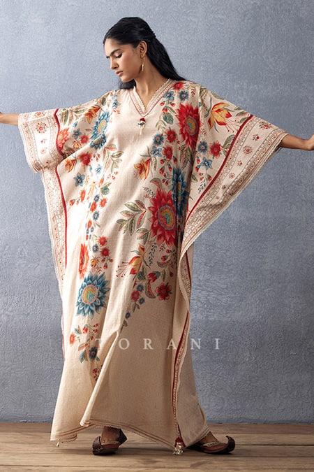 Torani Beige Cotton, Silk Tassels Scoop Neck Badami Viras Printed Kaftan Online at Aza Fashions Torani_Beige Cotton, Silk Tassels Scoop Neck Badami Viras Printed Kaftan _Online_at_Aza_Fashions
